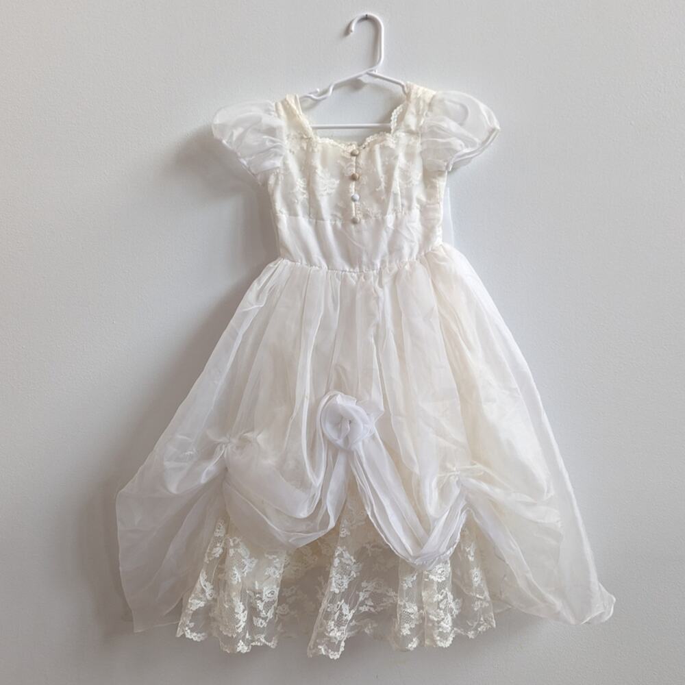 Vtg White Dress 7/8 Lace Semi Sheer Girly Flower Girl